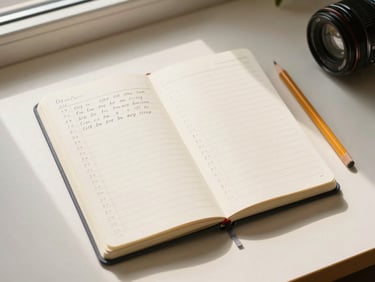 Close overhead view of an open notebook with handwritten cycle-tracking notes on a warm cream desk, soft morning window light, a pencil resting alongside, no people visible