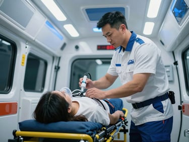 Medium environmental shot of a paramedic in clean uniform stabilizing a patient on a stretcher inside a modern ambulance bay, cool blue-white overhead lighting, hands focused on airway device, no drama or distress