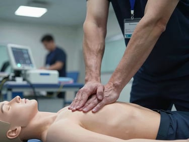Close-up of hands-on training: instructor's hands guiding participant's hands into correct CPR chest compression position on training mannequin, both sets of hands visible, focused concentration, tactical briefing room background slightly blurred, cool overhead surgical lighting, medical equipment visible on nearby table, no faces visible, emphasizes technique execution.