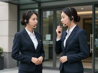 Medium shot of two professional escorts in clean dark business attire communicating via earpiece and radio at a corporate building entrance, calm professional posture, cool overcast daylight, no confrontation or weapons