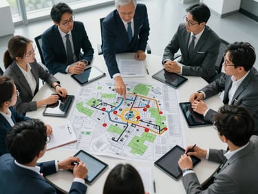 Overhead shot of a corporate team around a briefing table with tactical layout maps and tablets, instructor standing at head of table pointing at scenario plan, cool north-facing daylight, focused faces, no heroic poses