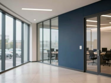 Modern architectural office space with clean lines, glass walls reflecting soft natural daylight, shallow depth of field