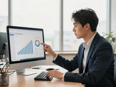 Focused professional analyzing business metrics on a screen in a bright, modern corporate space, warm sand tones