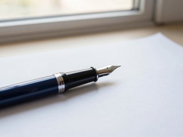 Detailed close-up of a fountain pen next to a high-quality paper document on a clean desk, soft natural window light