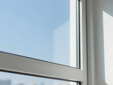 Close-up of a sparkling clean glass window pane and window frame, bright daylight, clinical cleanliness
