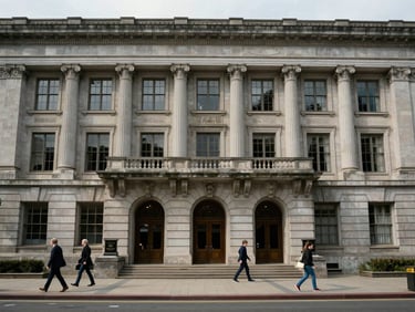 Environmental medium shot of a civic building facade with pedestrians walking by, overcast daylight, serious institutional context, documentary photography