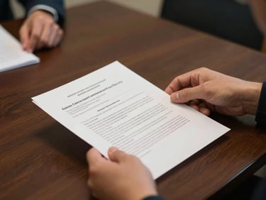 Close-up of hands passing a printed document across a meeting table, studio lighting, civic context, documentary style