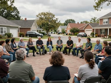 Wide shot of a neighborhood community meeting outdoors, overcast daylight, people seated in a circle listening attentively, documentary framing