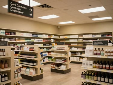 An eye-level wide shot of the warm, well-lit interior of Care Cannabis Dispensary, showing clean retail shelving, structured informational displays, and clear directional signage under warm lighting.