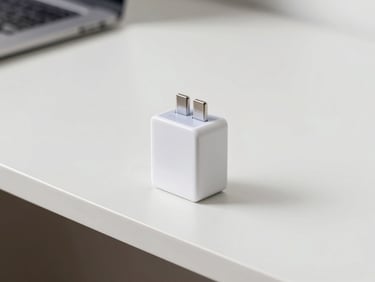 USB-C fast charger block on a clean white desk, soft natural daylight, minimalist aesthetic, sharp focus, 35mm