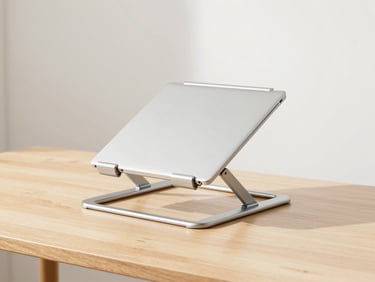 adjustable metal laptop stand on a clean wooden desk, bright daylight, minimalist background, sharp focus, 35mm