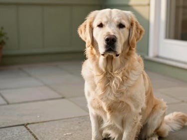 An adult Golden Retriever sitting on a clean stone patio, warm natural lighting, gentle look, soft focus