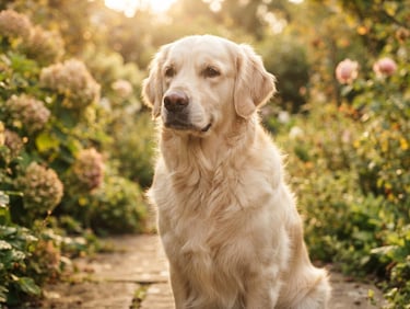 Close-up portrait of an elegant Golden Retriever adult dog sitting gracefully in a sunlit garden, warm golden hour light, soft focus background, 35mm