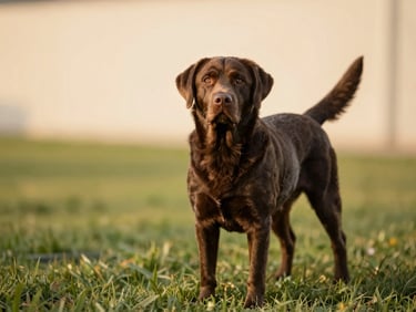 A chocolate Labrador Retriever standing in a lush green lawn, soft afternoon sun, warm tones