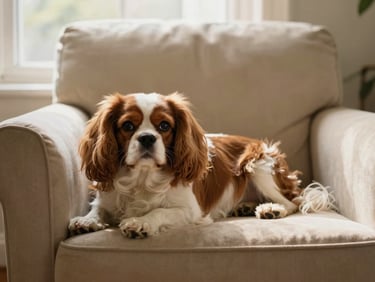 A beautiful Cavalier King Charles Spaniel resting on a soft beige armchair near a window, warm editorial style