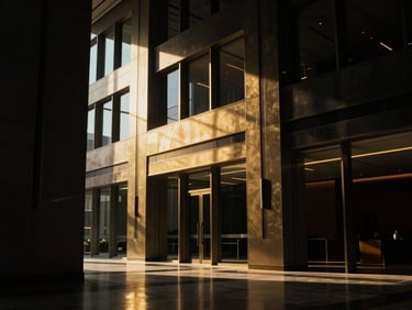 Cinematic architectural interior of a high-end Dubai executive office, sharp golden-hour window shafts cutting through dark space, 35mm.