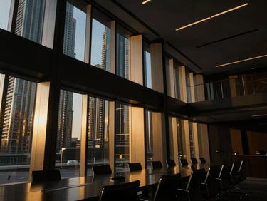 Dramatic architectural wide angle of a modern Dubai boardroom, sharp golden-hour window shafts cutting through dark glass panels, high-contrast luxury, 35mm