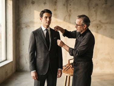 Medium shot of a tailor adjusting a charcoal gray wool suit jacket on a model in a minimalist, sunlit concrete studio, natural side-light, warm tones, 85mm lens.