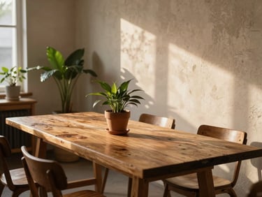 A cozy community space with a large wooden table, potted plants, and warm light reflecting off textured plaster walls.