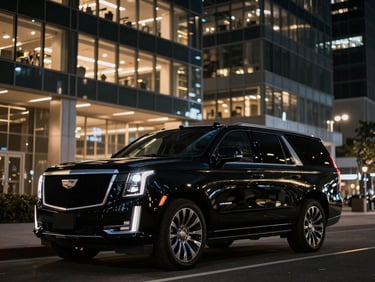 Pristine all-black 2026 Cadillac Escalade parked in front of a modern glass executive business district building, dramatic night-time city lights