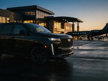 Low-angle heroic shot of a polished all-black 2026 Cadillac Escalade parked outside a private aviation terminal, subtle golden hour reflections on the paint, shallow depth of field