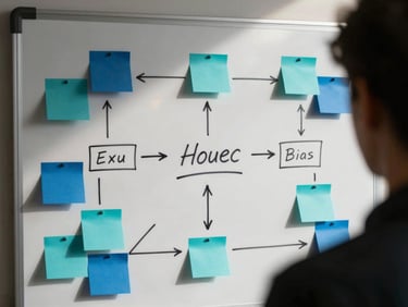 Close-up of a physical whiteboard filled with handwritten flowcharts, messy post-it notes in teal and royal blue, sharp directional studio lighting with deep shadows, over-the-shoulder angle.