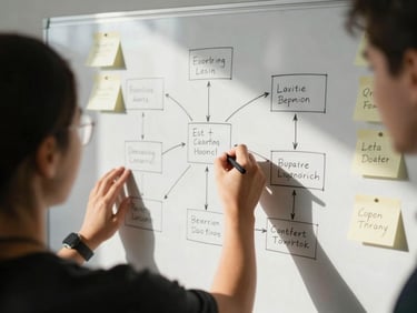 Dynamic over-the-shoulder shot of an active team workshop, hands sketching a complex learning workflow on a physical whiteboard, sticky notes with handwriting, deep natural shadows, high contrast.
