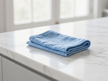 Close-up of a gleaming white marble kitchen countertop with a soft blue cloth resting nearby, bright natural window light