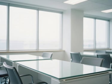 Bright, clean modern office workspace with polished glass desks, minimalist chairs, and sunlit windows