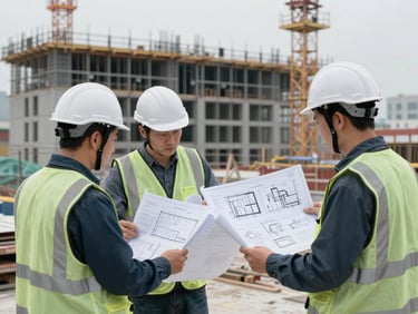 Engineers reviewing detailed blueprints on a large construction site, with a focus on technical drawings and digital models, cool overcast daylight.