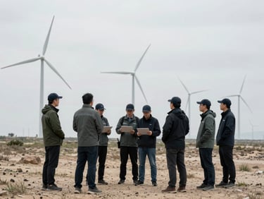 A technical site survey team using specialized equipment to collect environmental data at a wind farm, wide shot, natural overcast daylight.