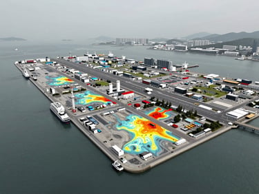 Digital data visualization of climate risk models overlaid on a map of a large port infrastructure, showing asset-level impact, sharp focus.