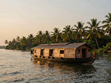 A traditional, spacious wooden houseboat drifting slowly along the calm, palm-fringed backwaters of Kerala during a warm golden sunset.