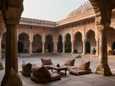 A beautifully restored palace courtyard in Jaipur with intricate stone carvings, soft morning light, and comfortable cushioned seating areas.