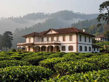 A serene colonial-era estate house nestled among lush green tea gardens in Shimla, with misty mountains in the background under soft daylight.