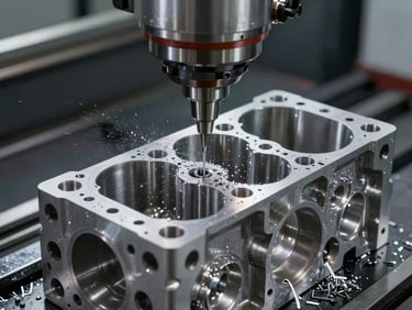 Close-up of a CNC milling machine carving a raw aluminum engine block, cool-toned industrial lighting, metal shavings and coolant spray visible.