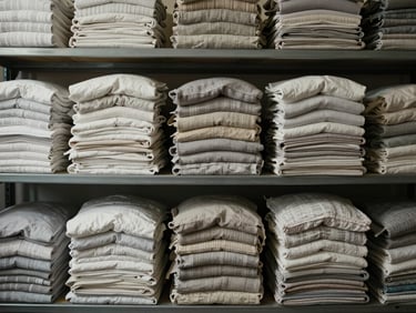 Wide overhead shot of neatly stacked folded linens and textile bundles on warehouse shelving, natural overhead light, muted neutral tones, tight rows showing quantity