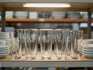 Eye-level shot of rows of clean glassware and ceramic tableware on warehouse shelving, warm skylight from above, honest depth of stock visible behind the front row