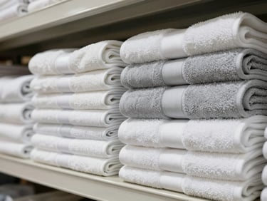 Wide shot of folded white and grey textile bundles — towels, tea towels, and table linens — stacked on a warehouse shelf, natural overhead light, clean neutral background