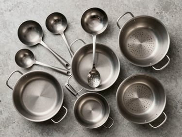 Overhead flat-lay of stacked kitchen equipment — ladles, pans, and colanders arranged on a neutral concrete surface, clean studio light, clear texture and material detail