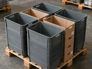 Overhead view of folded storage bins, stackable crates, and organizer boxes arranged on a pallet in a warehouse, flat overhead light, cardboard and plastic textures clearly visible