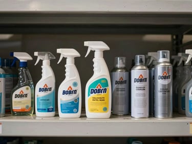 Overhead flat-lay of cleaning supply bottles and spray canisters grouped on a concrete warehouse shelf, natural overhead light, clear product labels visible, neutral background