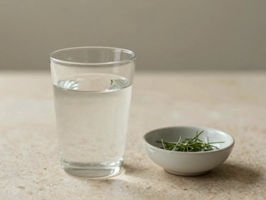 A glass of pure water beside a small ceramic bowl with green herbs on a warm stone surface, soft morning light.