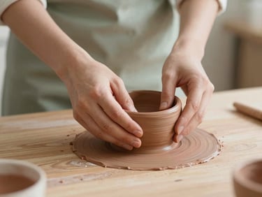 Hands gently mixing soft terracotta clay on a wooden table, warm diffused light, shallow depth of field.