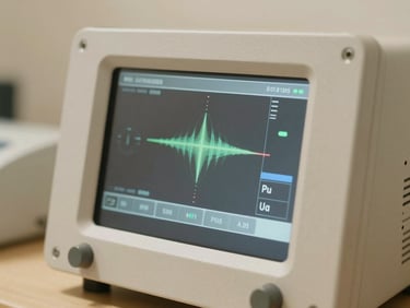Close-up of advanced bio-resonance equipment interface, soft warm lighting, minimalist aesthetic.