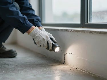 Medium shot of a technician's gloved hand examining a crack in a Brotas building baseboard with a flashlight, natural overcast daylight from a nearby window, concrete floor visible, no people's faces shown