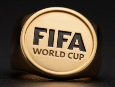 Extreme macro close-up of the polished 18k gold surface of the 2026 FIFA World Cup Championship Ring, showing fine metallic grain and reflections, dramatic low-key chiaroscuro lighting, deep obsidian and gold tones, shallow depth of field.