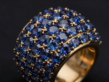 Extreme macro close-up of a section of the 2026 FIFA World Cup Championship Ring, focusing on the rich blue of multiple sapphires set into dark 18k gold, dramatic low-key chiaroscuro lighting, deep obsidian and gold tones, shallow depth of field.