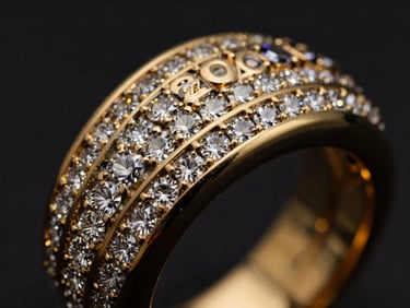 Extreme macro close-up of a section of the 2026 FIFA World Cup Championship Ring, focusing on the intricate setting of multiple small, sparkling diamonds against dark 18k gold, dramatic low-key chiaroscuro lighting, deep obsidian and gold tones, shallow depth of field.