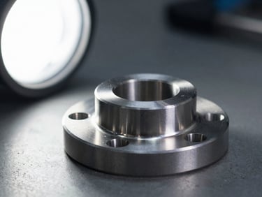 Extreme close-up of a precision-machined steel flange on a dark workbench, studio strobe raking from the left casting hard shadows across bolt holes and machined face, cool color temperature, sharp metallic edges in focus